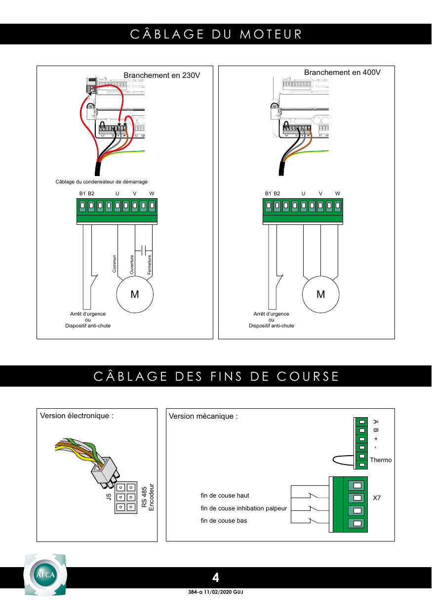 Schémas de câblage du moteur : branchement en 230 V (avec câblage du condensateur de démarrage) et branchement en 400 V, sur le bornier B1, B2, U, V, W — Commun, Ouverture, Fermeture, et arrêt d'urgence ou dispositif anti-chute