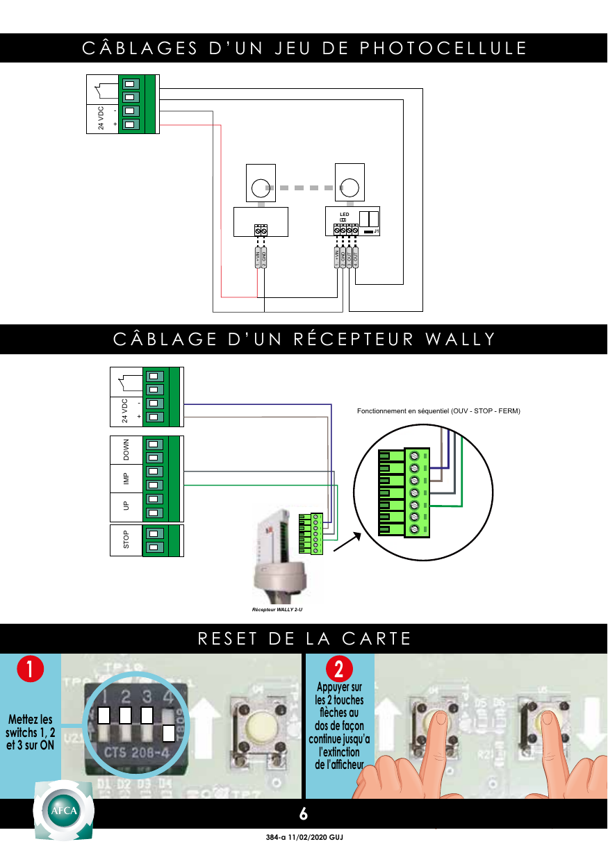 Câblage d'un jeu de photocellule (émetteur / récepteur) sur le bornier 24 VDC — connexions +VIN, GND, OUT, LED, J1