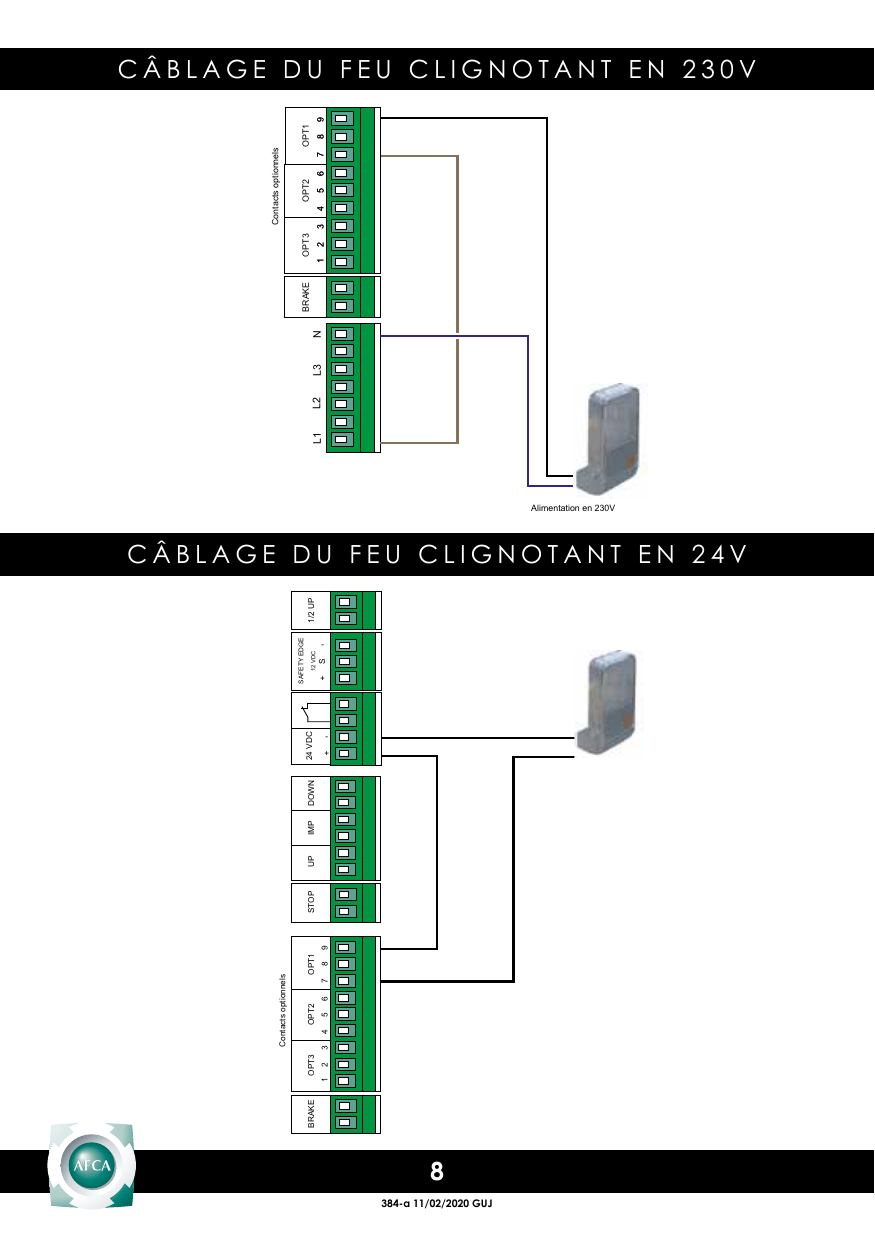Câblage du feu clignotant en 230 V sur les contacts options OPT1 et l'alimentation 230 V (L1, L2, L3, N)