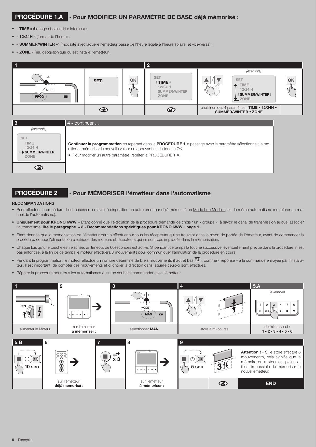 Séquence illustrée de la PROCÉDURE 2 (mémorisation de l'émetteur)