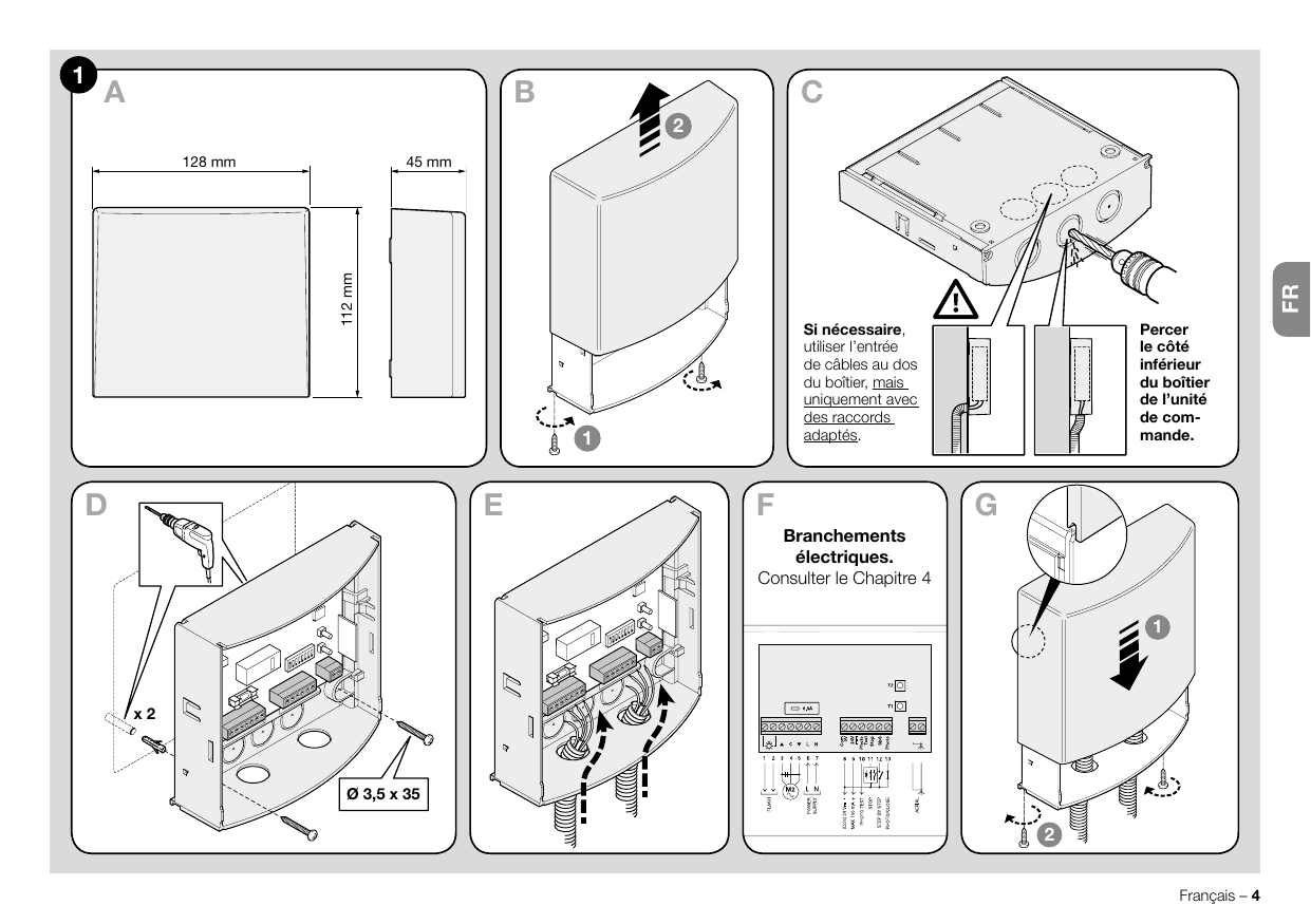 Fig. 1 – Dimensions du boîtier (128 × 112 × 45 mm), ouverture du couvercle, perçage du côté inférieur pour le passage des câbles, fixation murale (vis Ø 3,5 × 35) et branchements électriques.