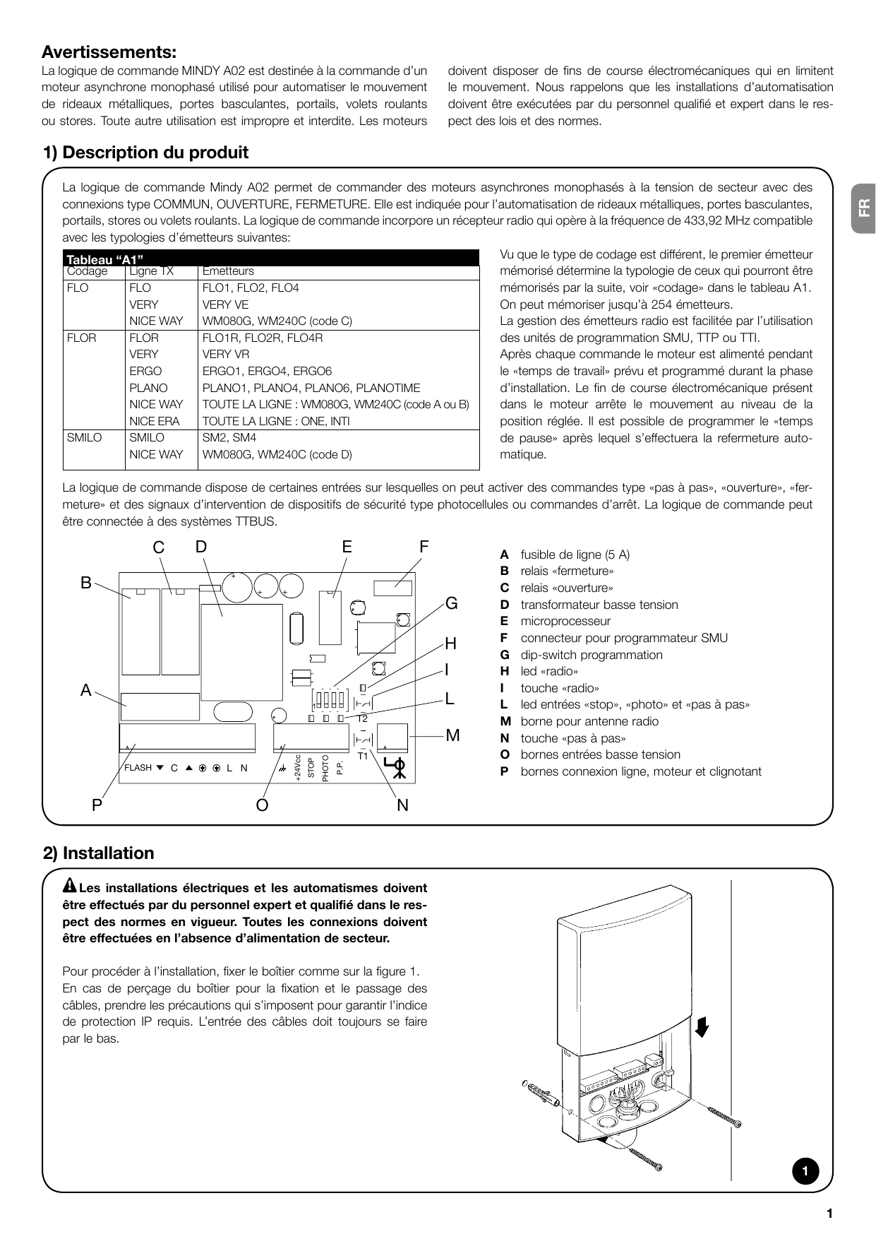Schéma des composants de la logique de commande Mindy A02 (A : fusible de ligne 5 A ; B : relais « fermeture » ; C : relais « ouverture » ; D : transformateur basse tension ; E : microprocesseur ; F : connecteur programmateur SMU ; G : dip-switch programmation ; H : led « radio » ; I : touche « radio » ; L : led entrées stop, photo et pas à pas ; M : borne antenne radio ; N : touche « pas à pas » ; O : bornes entrées basse tension ; P : bornes connexion ligne, moteur et clignotant)