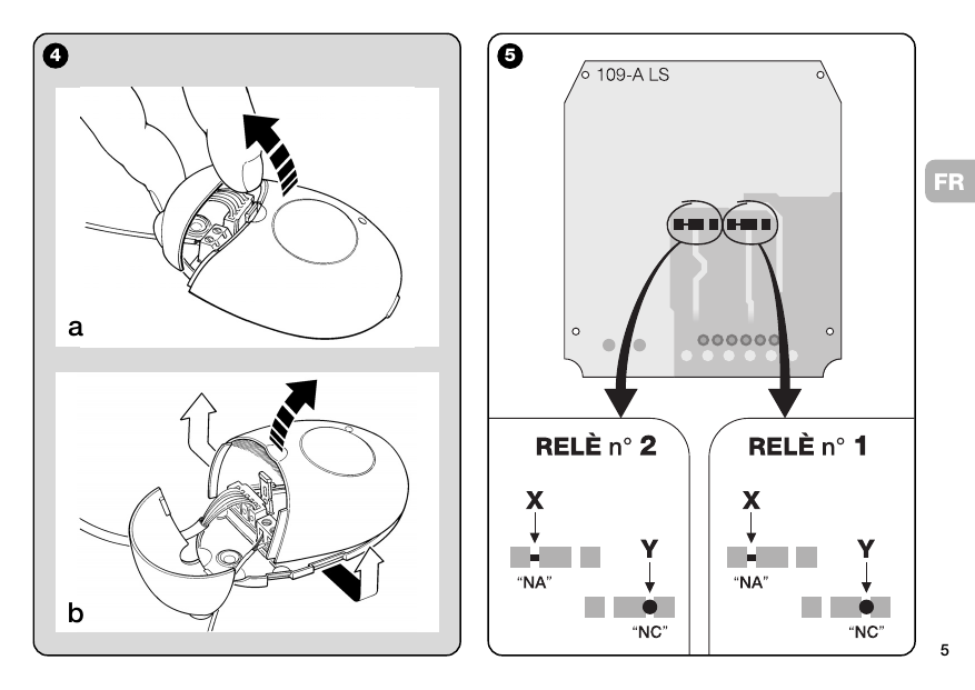Fig. 5 – Modification des relais n° 1 et n° 2 pour obtenir des contacts NF : couper le tracé au point « X » (NA) et souder les plots au point « Y » (NC)