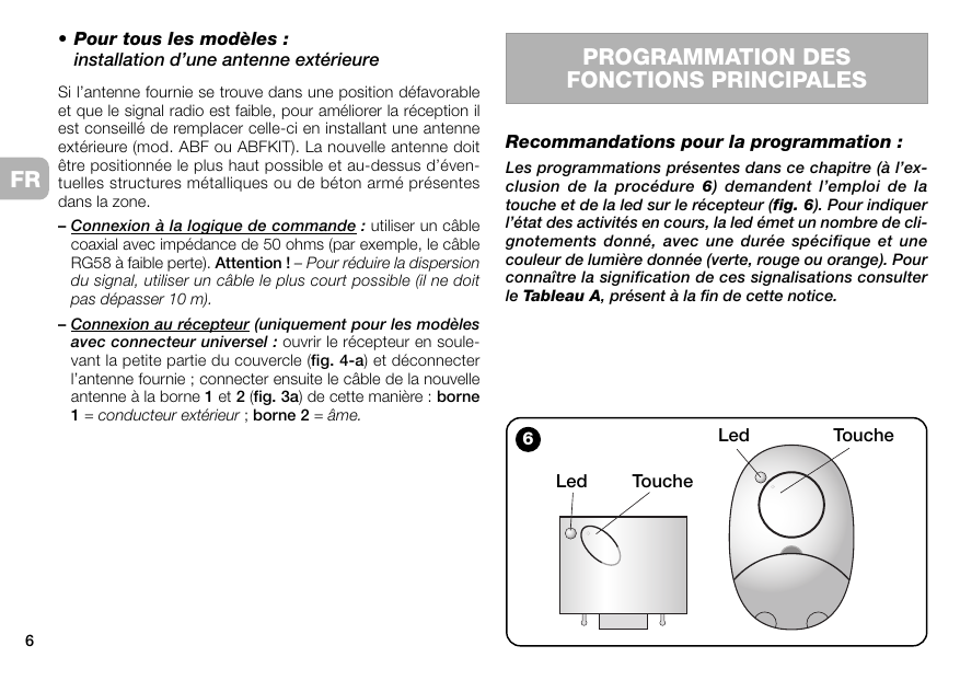 Fig. 6 – Emplacement de la Led et de la Touche sur les deux types de récepteur