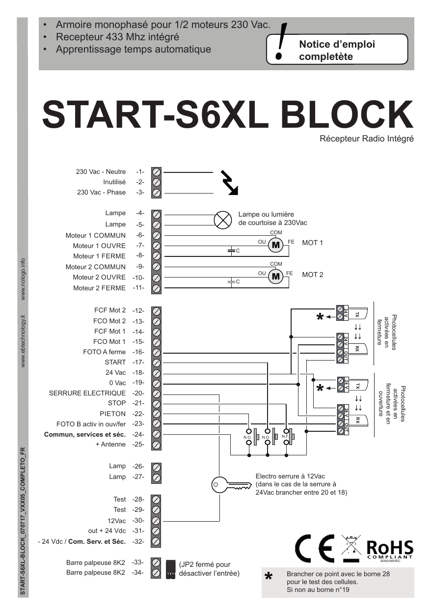Schéma complet de câblage du bornier START-S6XL BLOCK (alimentation, moteurs 1 et 2, fins de course, photocellules, serrure, barre palpeuse).