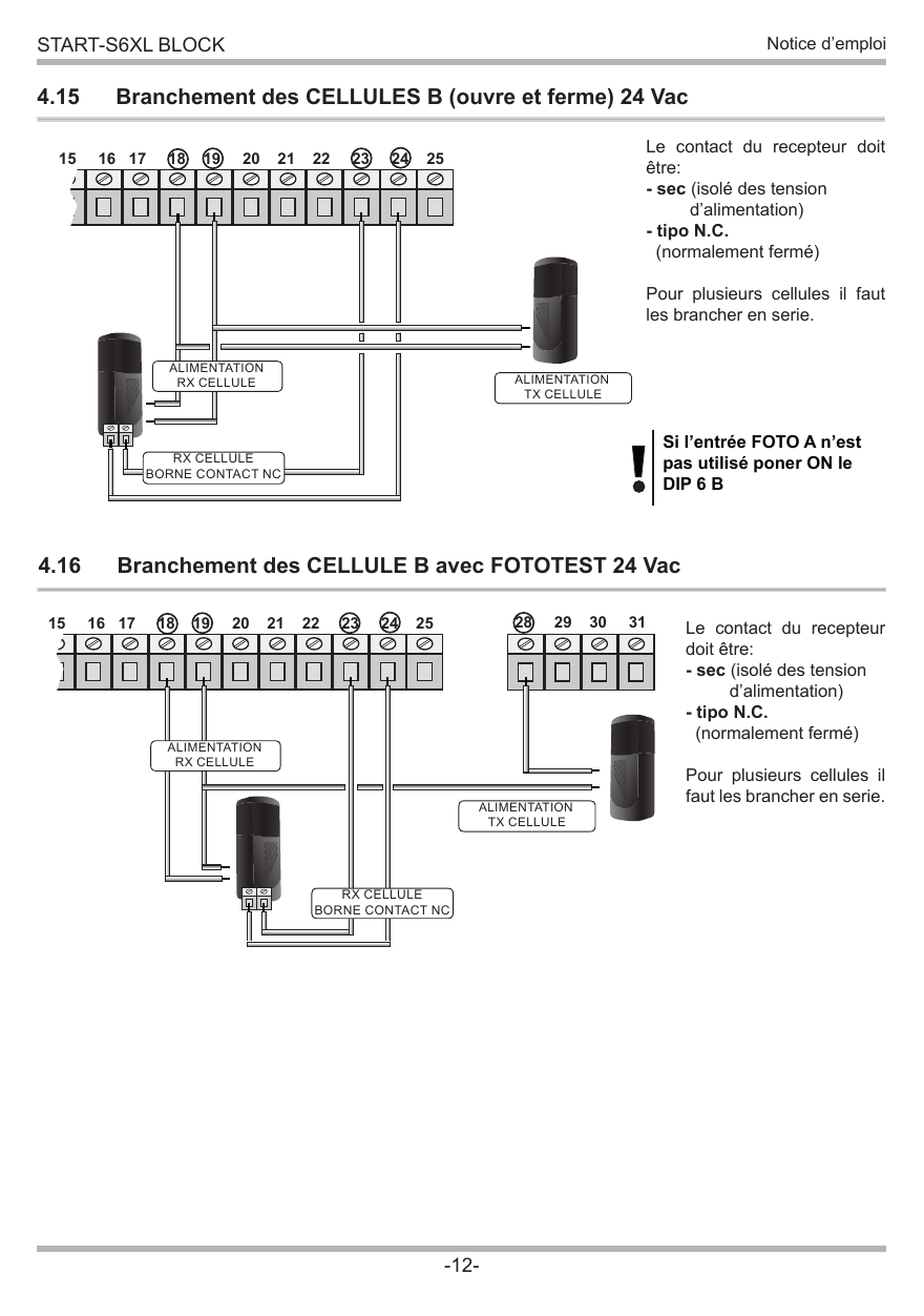 Schéma de branchement des cellules B (alimentation TX/RX, contact NC) sur les bornes 18-19-23-24.