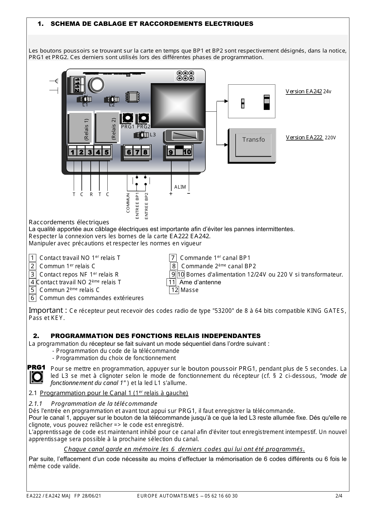 Schéma de câblage de la carte EA222/EA242 : borniers 1 à 12, leds L1/L2/L3, boutons PRG1/PRG2, alimentation (version EA242 24 V / version EA222 220 V avec transformateur).