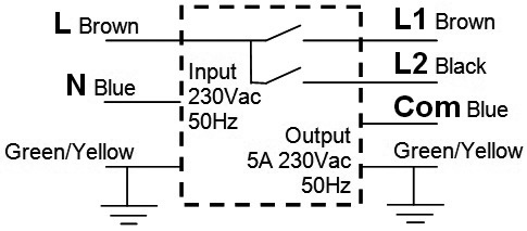 Schéma électrique du type d'interrupteur : entrée L (Brown), N (Blue), terre Green/Yellow ; sortie L1 (Brown), L2 (Black), Com (Blue), terre Green/Yellow, Output 5A 230Vac 50Hz