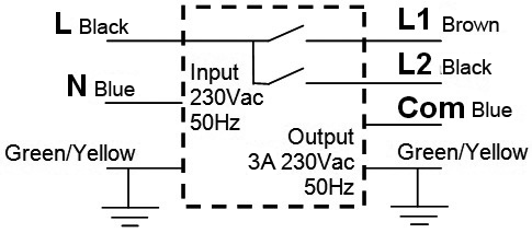Schéma du type de l'interrupteur : entrée L Noir, N Bleu, terre Vert/Jaune 230 Vac 50 Hz ; sortie L1 Marron, L2 Noir, Com Bleu, terre Vert/Jaune 3A 230 Vac 50 Hz
