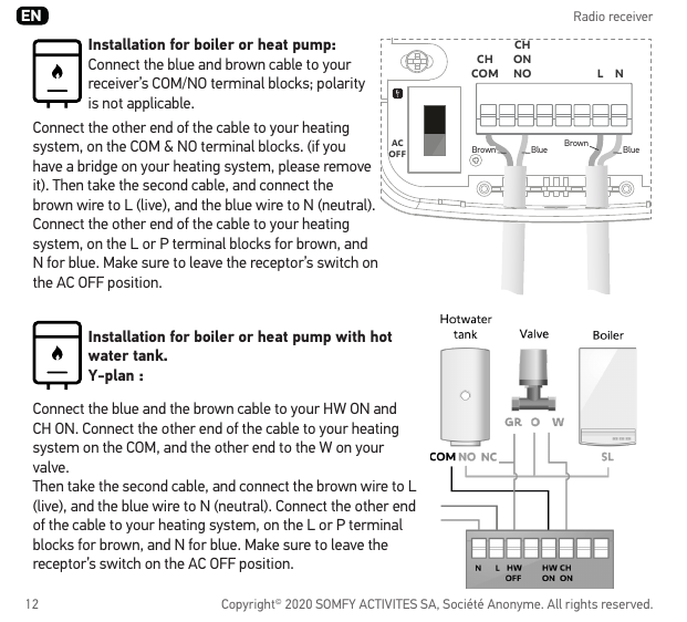 Terminal block wiring diagram for boiler or heat pump (CH COM / CH ON / NO / L / N, AC OFF switch)