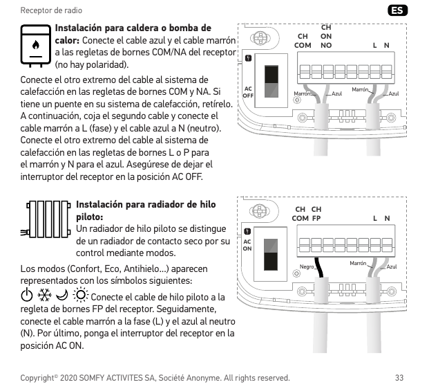 Esquemas de cableado de las regletas para caldera/bomba de calor y radiador de hilo piloto