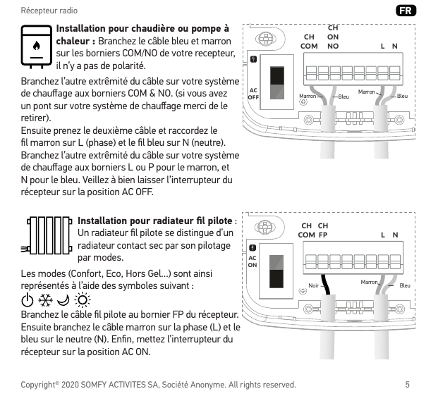 Schéma de câblage du bornier pour chaudière ou pompe à chaleur (COM / NO / L / N, interrupteur AC OFF)