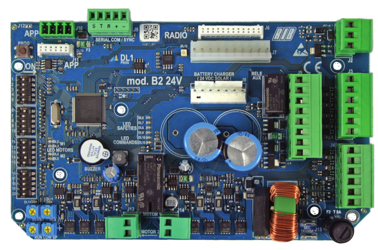 Carte électronique mod. B2 24V avec connecteurs J1 à J15, modules RADIO et APP, trimmers RUN/LOW SP/TCA/SENS
