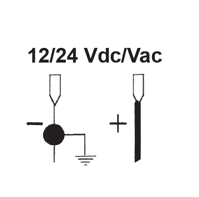 Schéma de raccordement borne A- à la terre, 12/24 Vdc/Vac