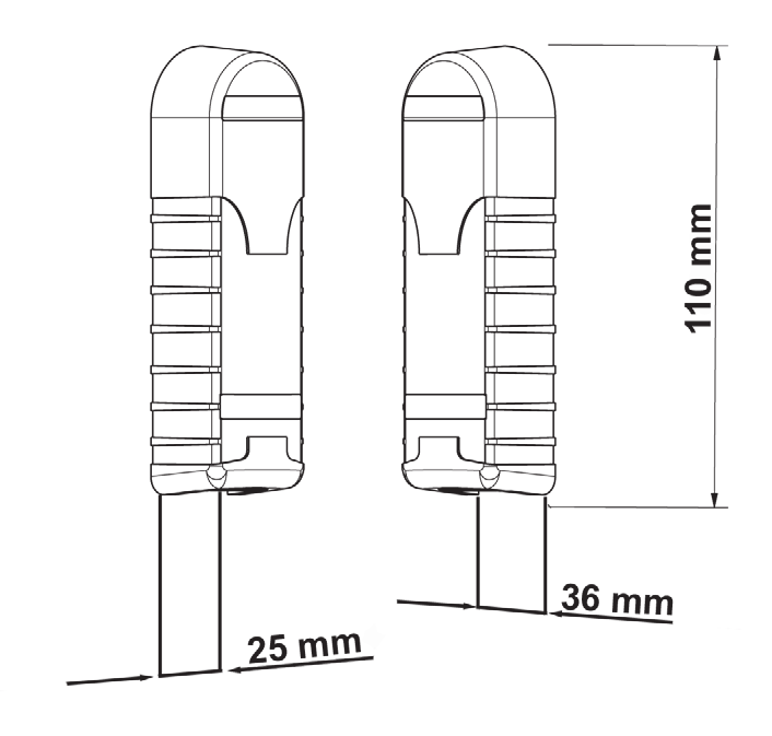 Dimensions de la photocellule FIT SLIM : 110 mm de hauteur, 25 mm et 36 mm de profondeur