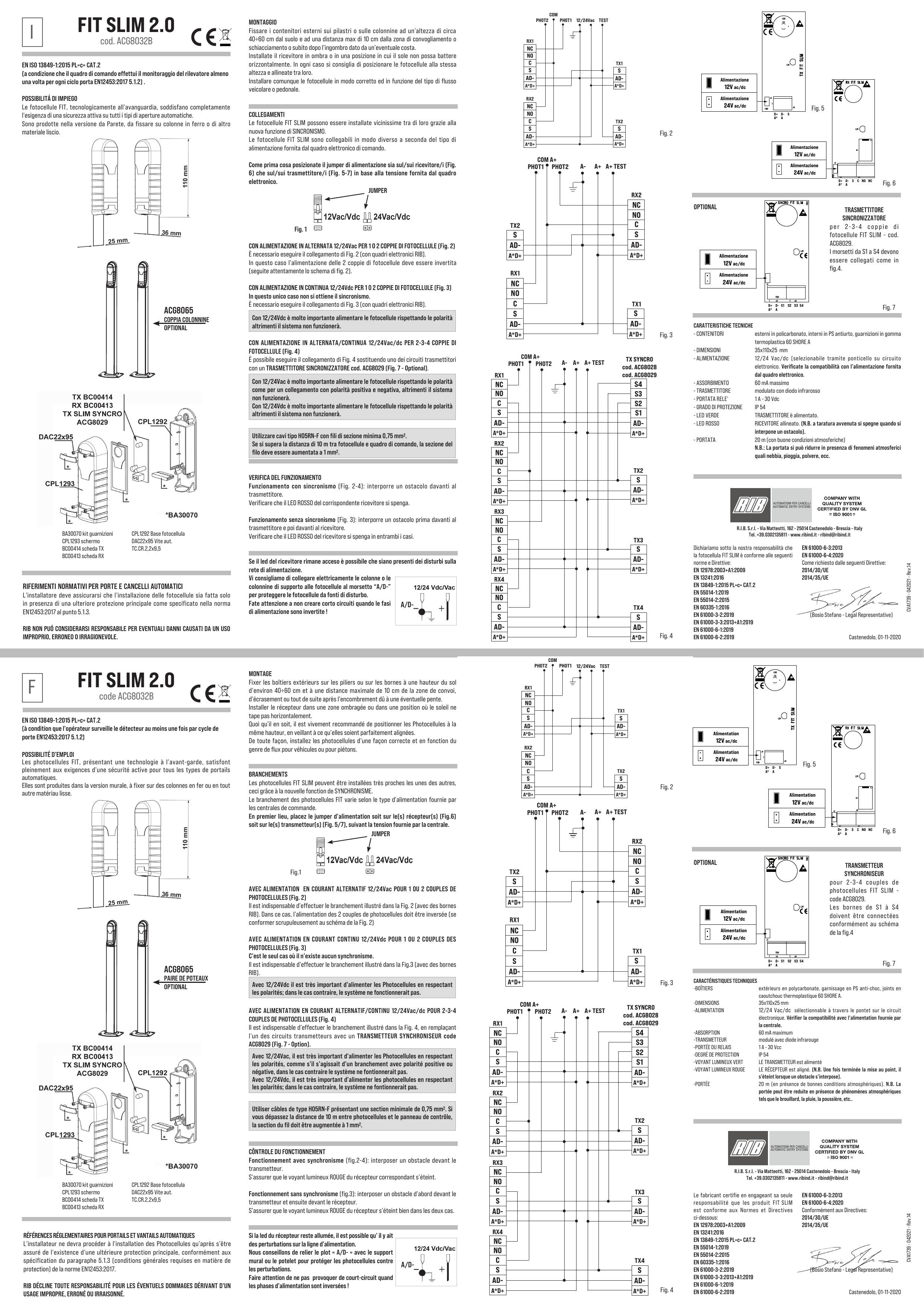 Fig. 2 / Fig. 3 / Fig. 4 — Schemi di collegamento delle fotocellule (RX/TX) ai quadri elettronici RIB