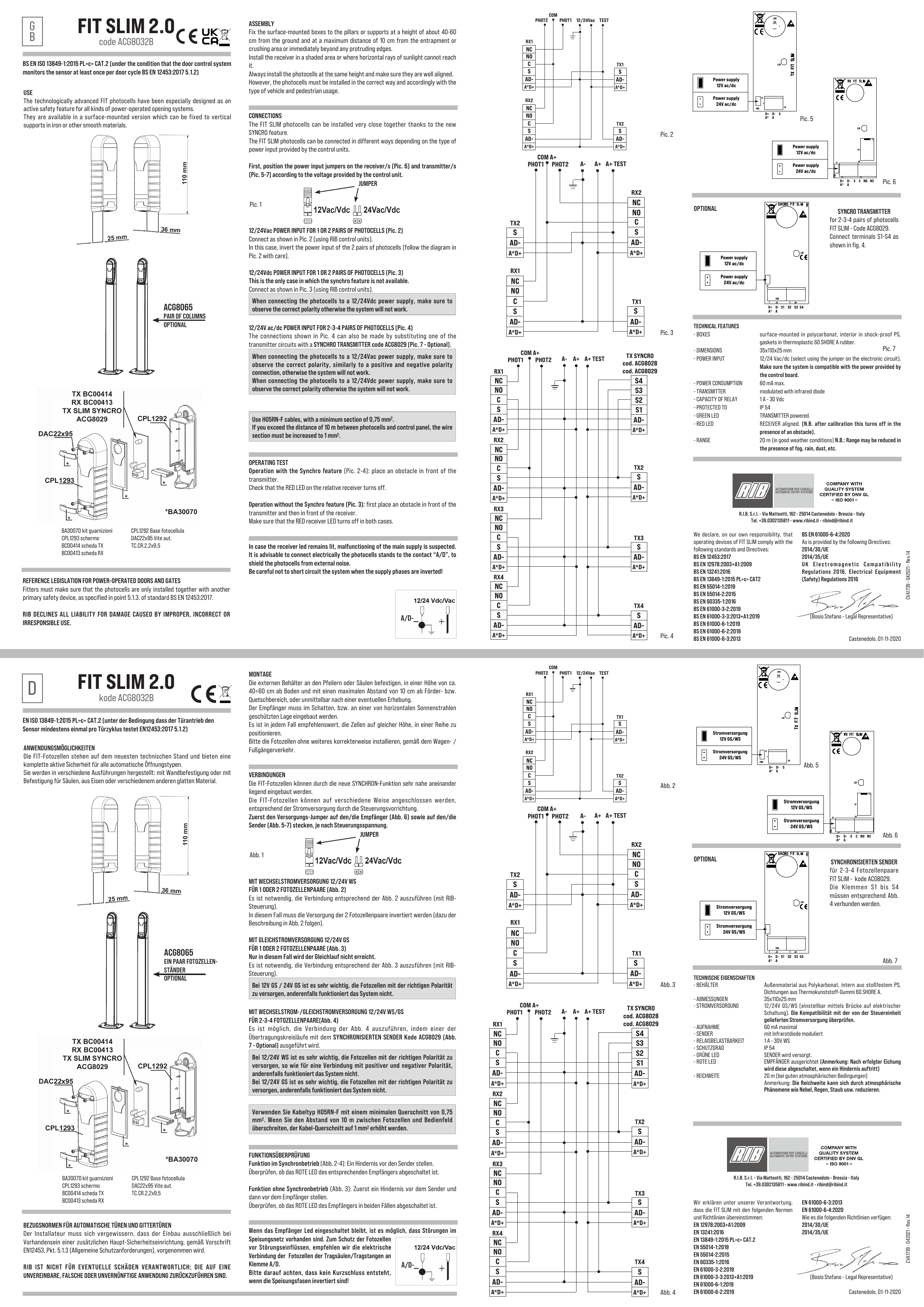 Pic. 2 / Pic. 3 / Pic. 4 — Wiring diagrams of the photocells (RX/TX) to RIB control units