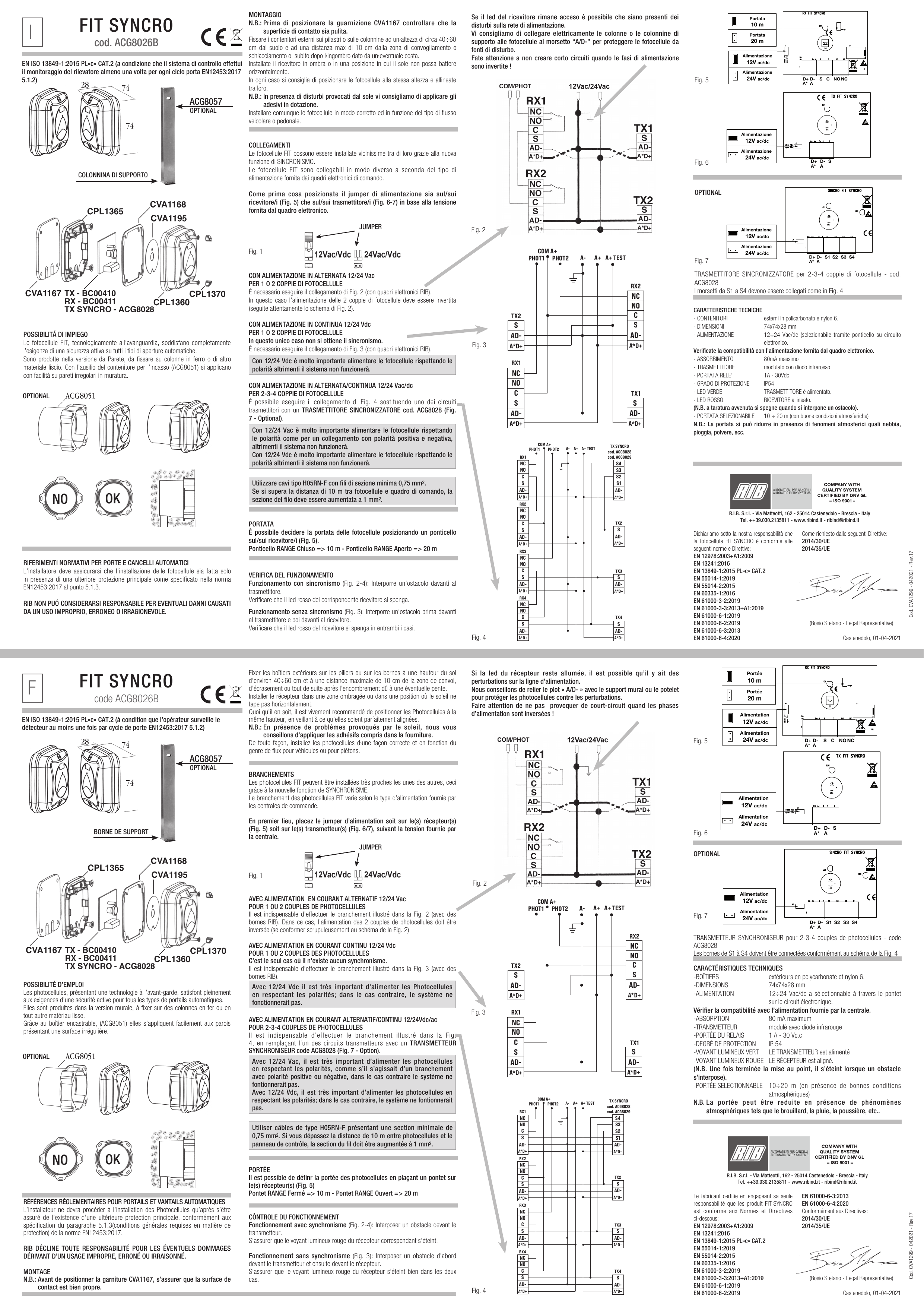 Fig. 3 — Schéma de branchement sans synchronisme, alimentation continue 12/24 Vdc (RX1, RX2, TX1, TX2)