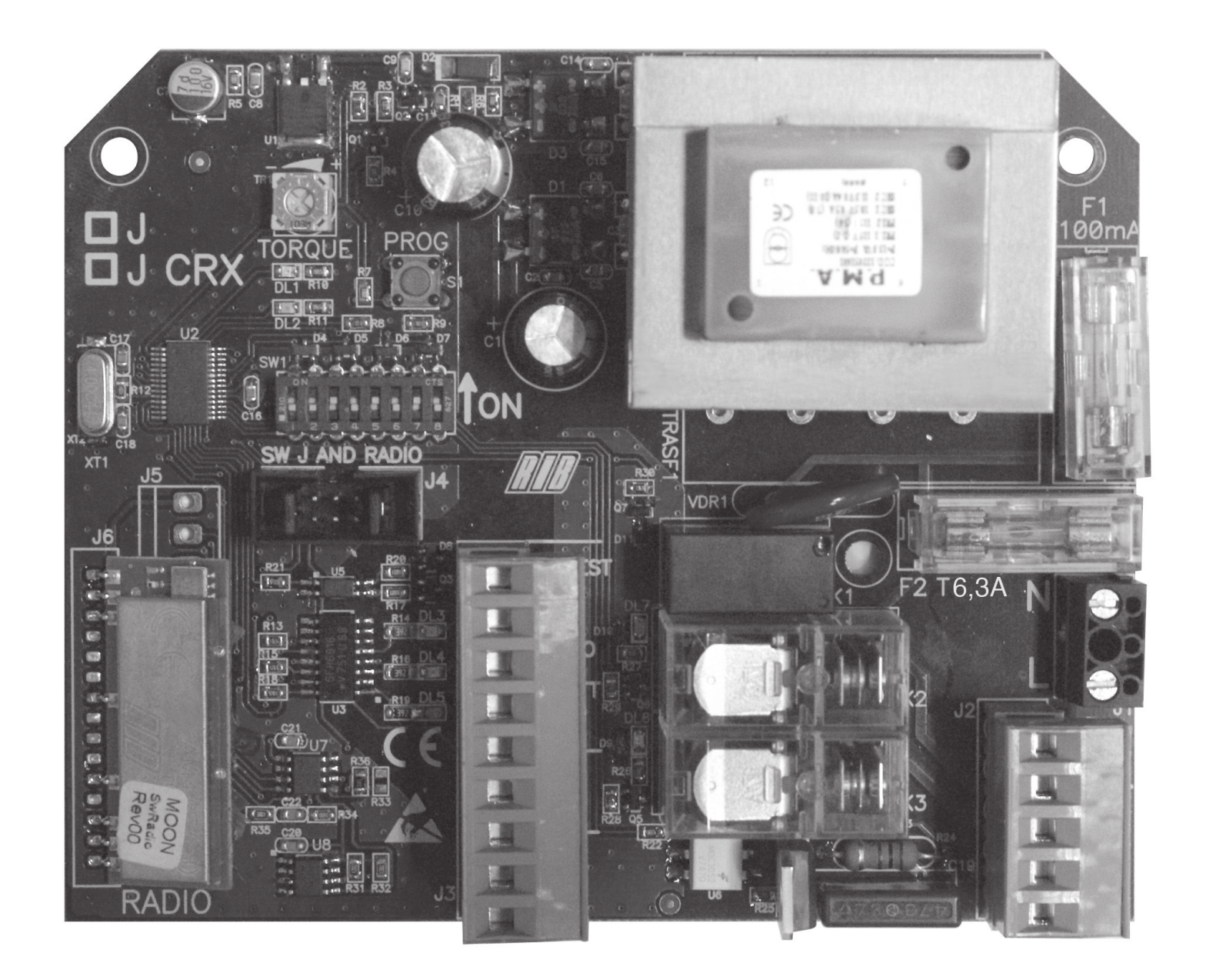 Carte électronique RIB J / J-CRX avec transformateur, fusibles F1 et F2, trimmer TORQUE, bouton PROG, microswitches et borniers