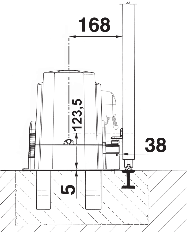 Cotes de fixation : 168 mm, 123,5 mm, 38 mm, 5 mm (mesures en mm)