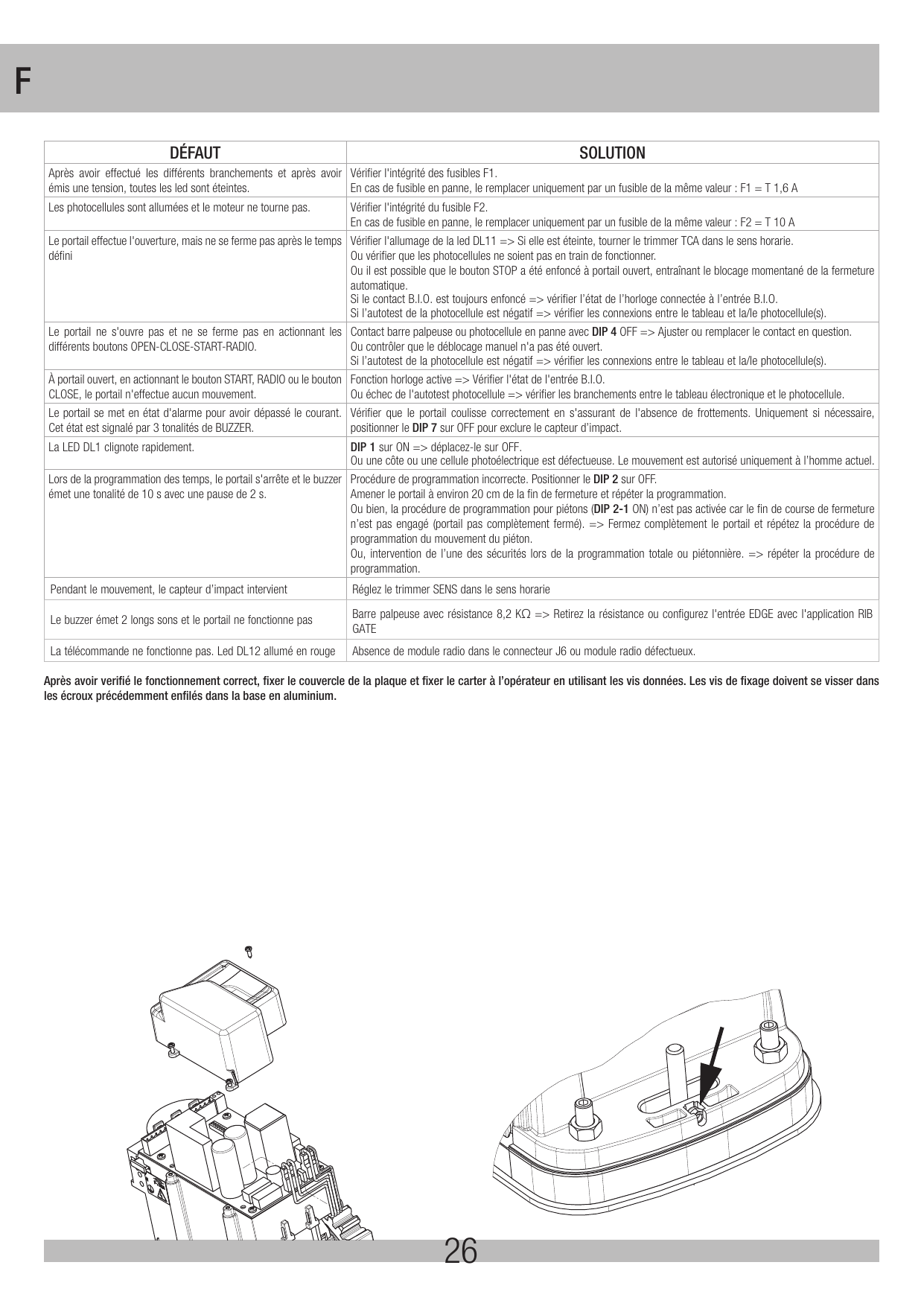 Fixation du couvercle de la plaque électronique et du carter sur l'opérateur