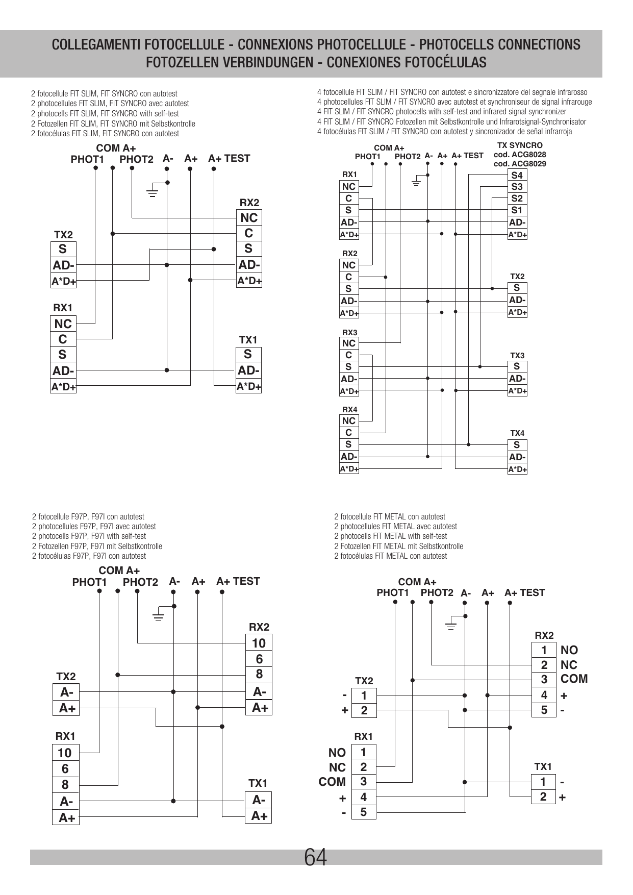 Schémas de câblage : 2 photocellules FIT SLIM / FIT SYNCRO avec autotest ; 2 photocellules F97P/F97I avec autotest ; 2 photocellules FIT METAL avec autotest ; 4 photocellules FIT SLIM/FIT SYNCRO avec autotest et synchroniseur du signal infrarouge