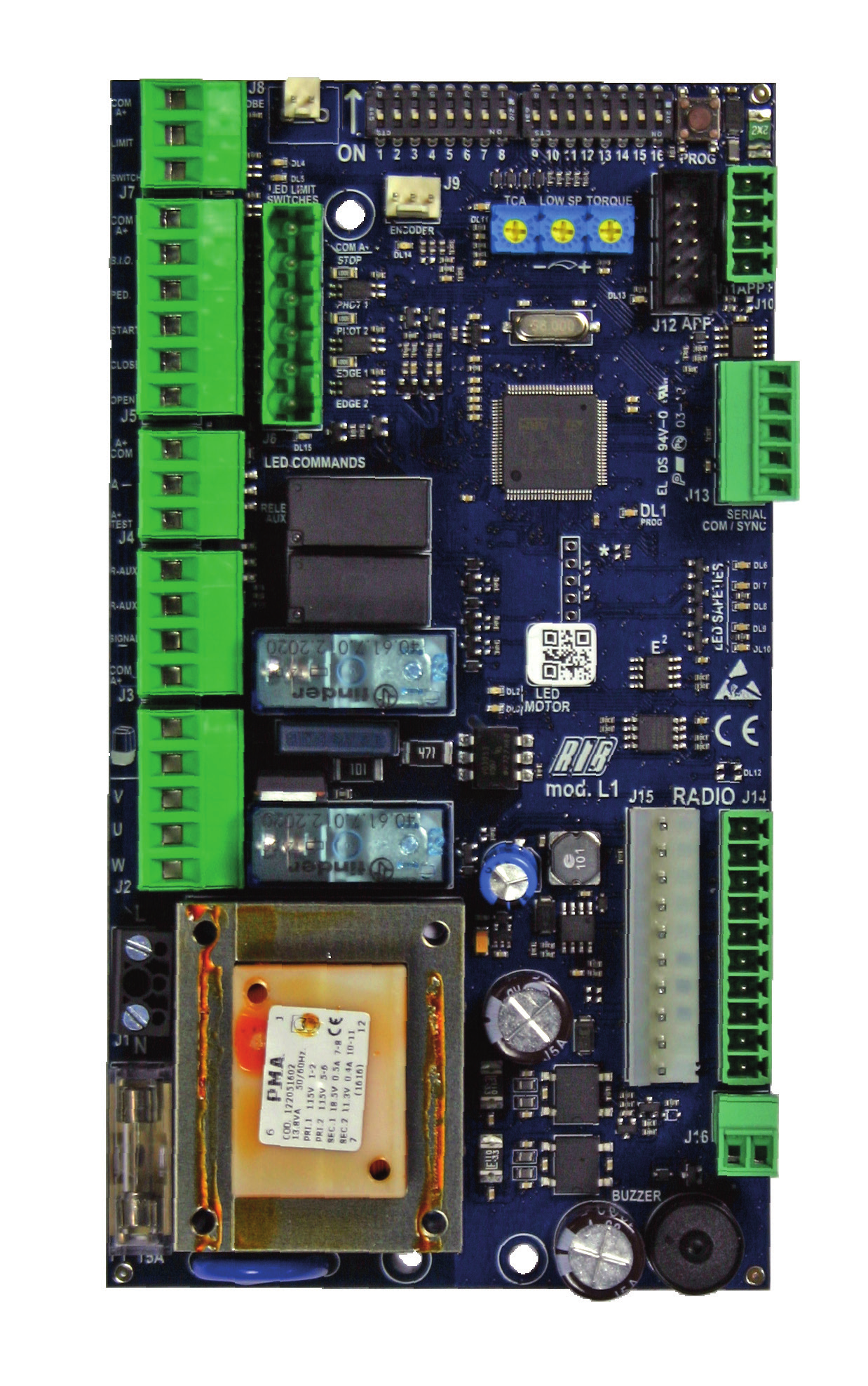 Vue de la carte électronique L1 avec bornes, dip-switches, trimmers et connecteurs
