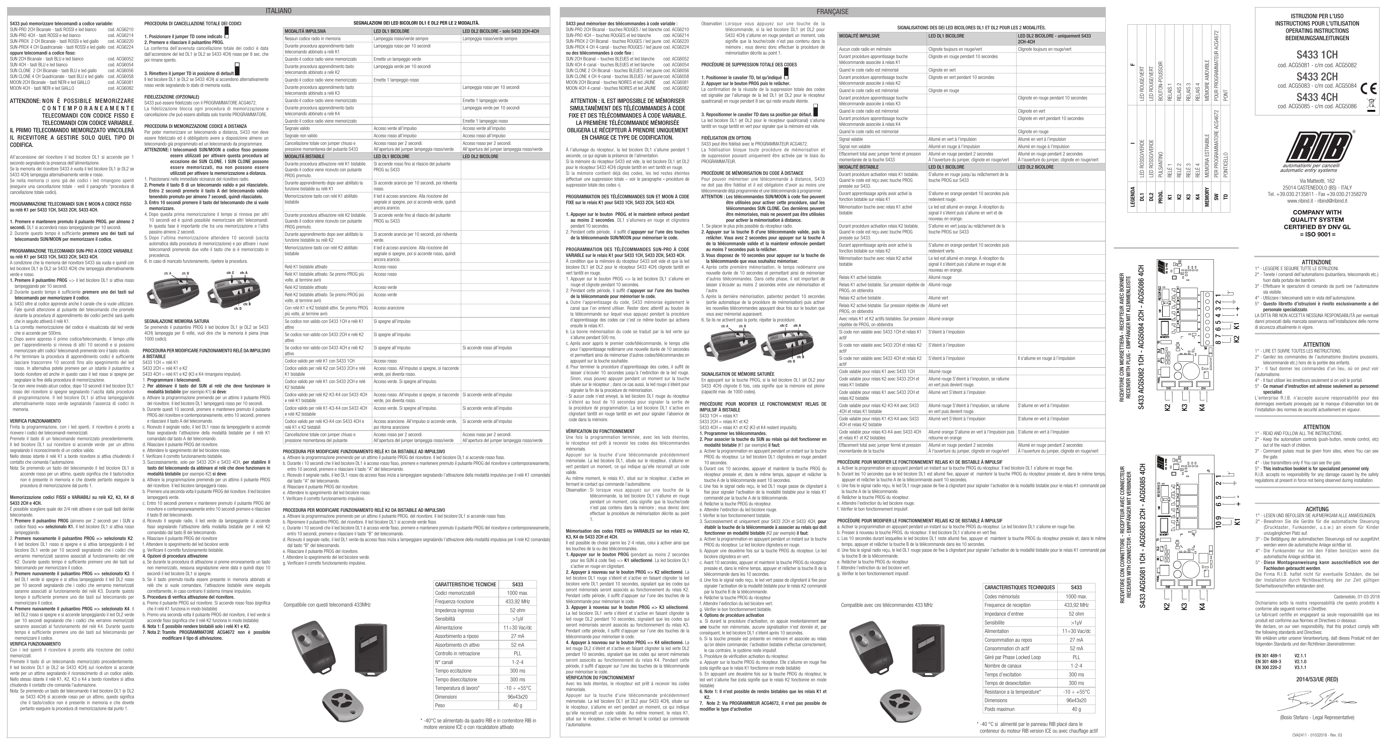 Schéma de connexion du récepteur avec connecteur S433 (ACG5081/5083/5085) : disposition des relais K1-K4 et bornes d'alimentation.
