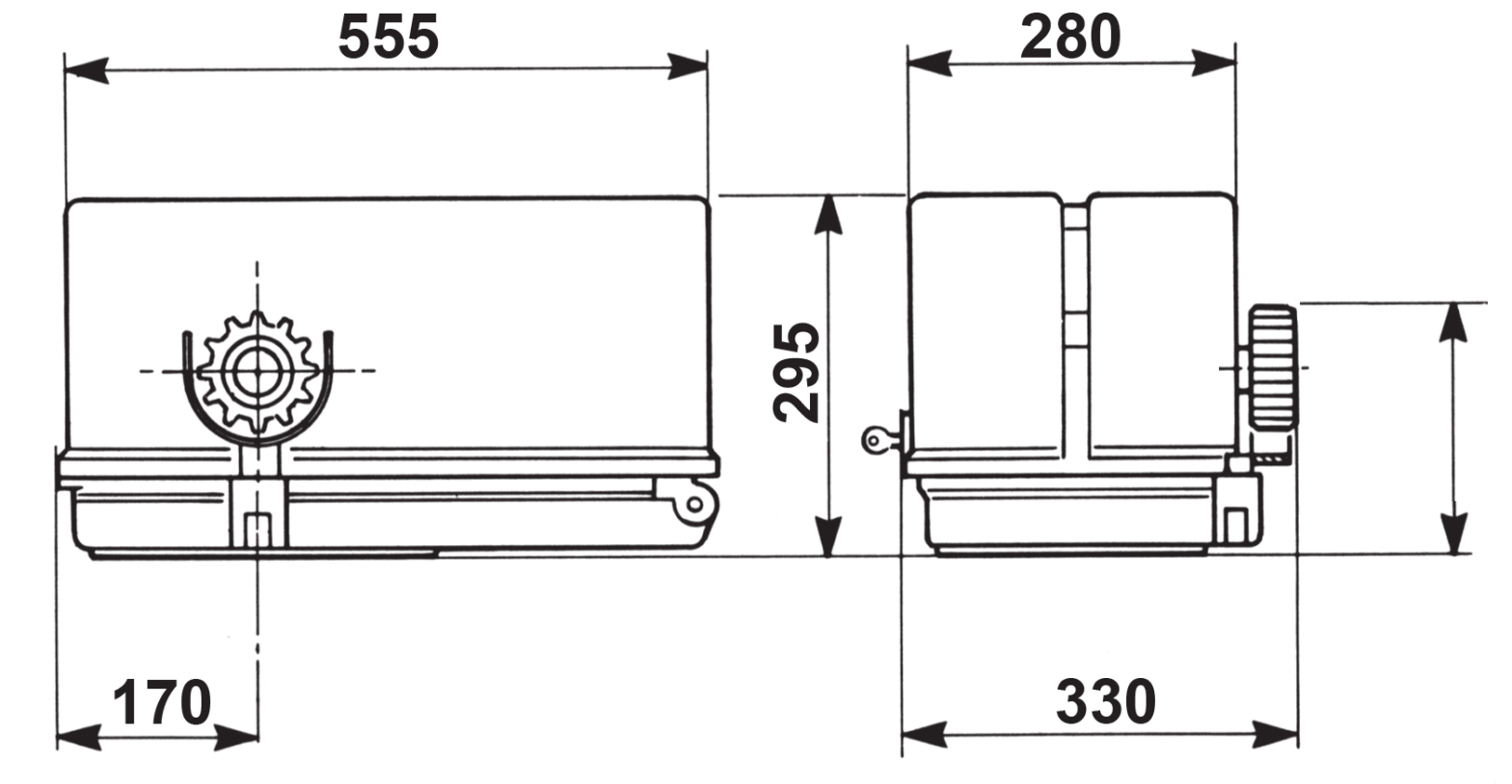 Dimensions de l'opérateur en mm : 555, 280, 295, 162, 170, 330