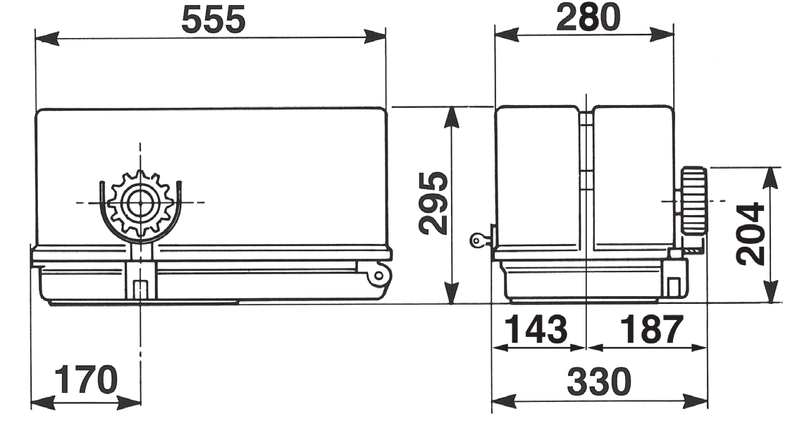 Dimensions de l'opérateur SUPER 3600 : 555, 280, 295, 204, 143, 187, 330, 170 mm