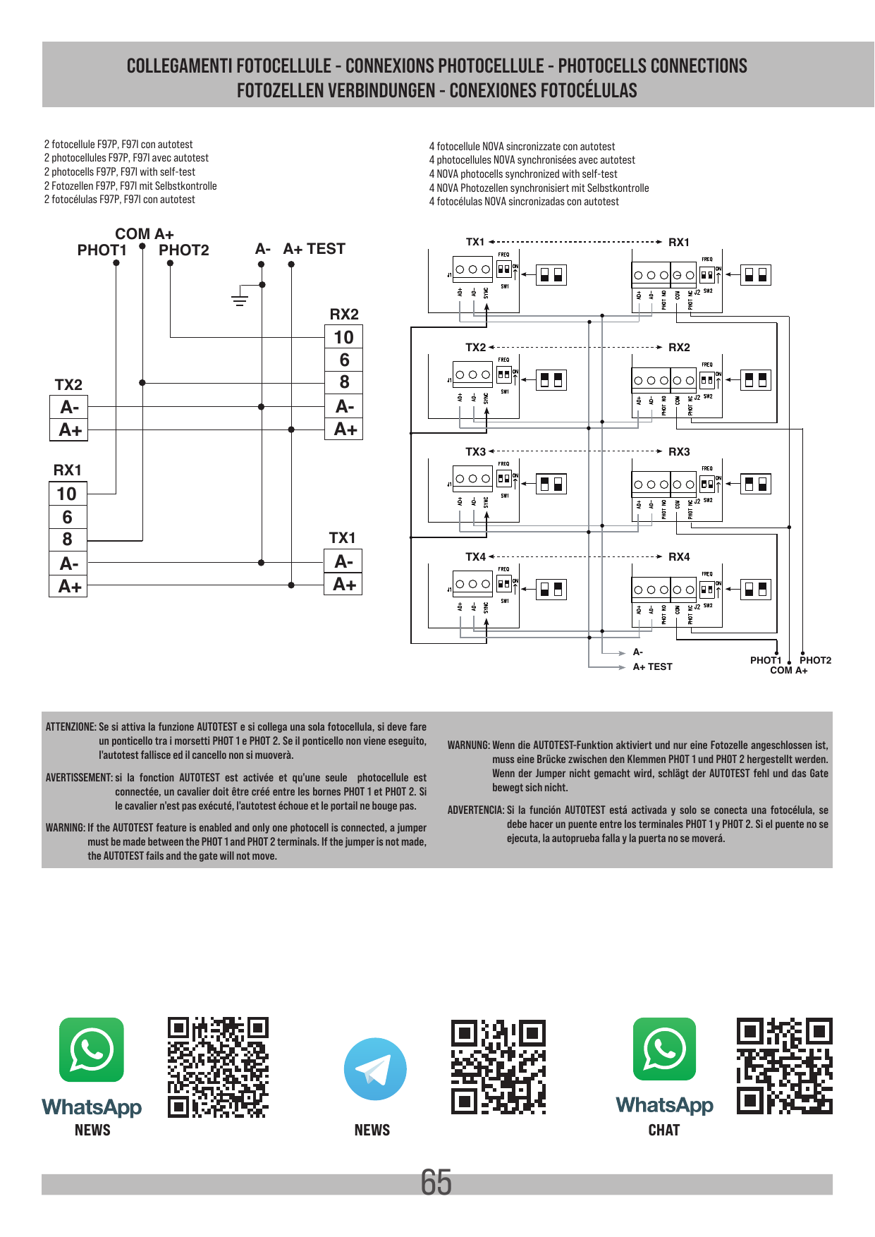 Schémas de raccordement : 2 photocellules F97P/F97I avec autotest et 4 photocellules NOVA synchronisées avec autotest (bornes COM A+, PHOT1, PHOT2, A-, A+ TEST)
