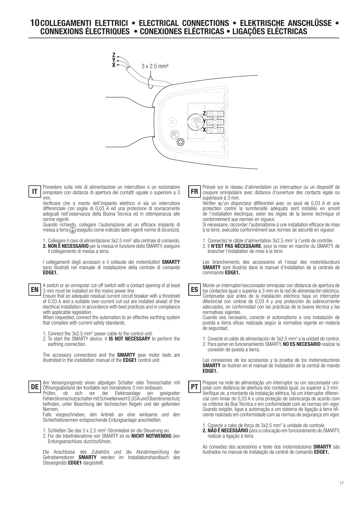 Raccordement du câble d'alimentation 3 x 2,5 mm² au bornier du motoréducteur