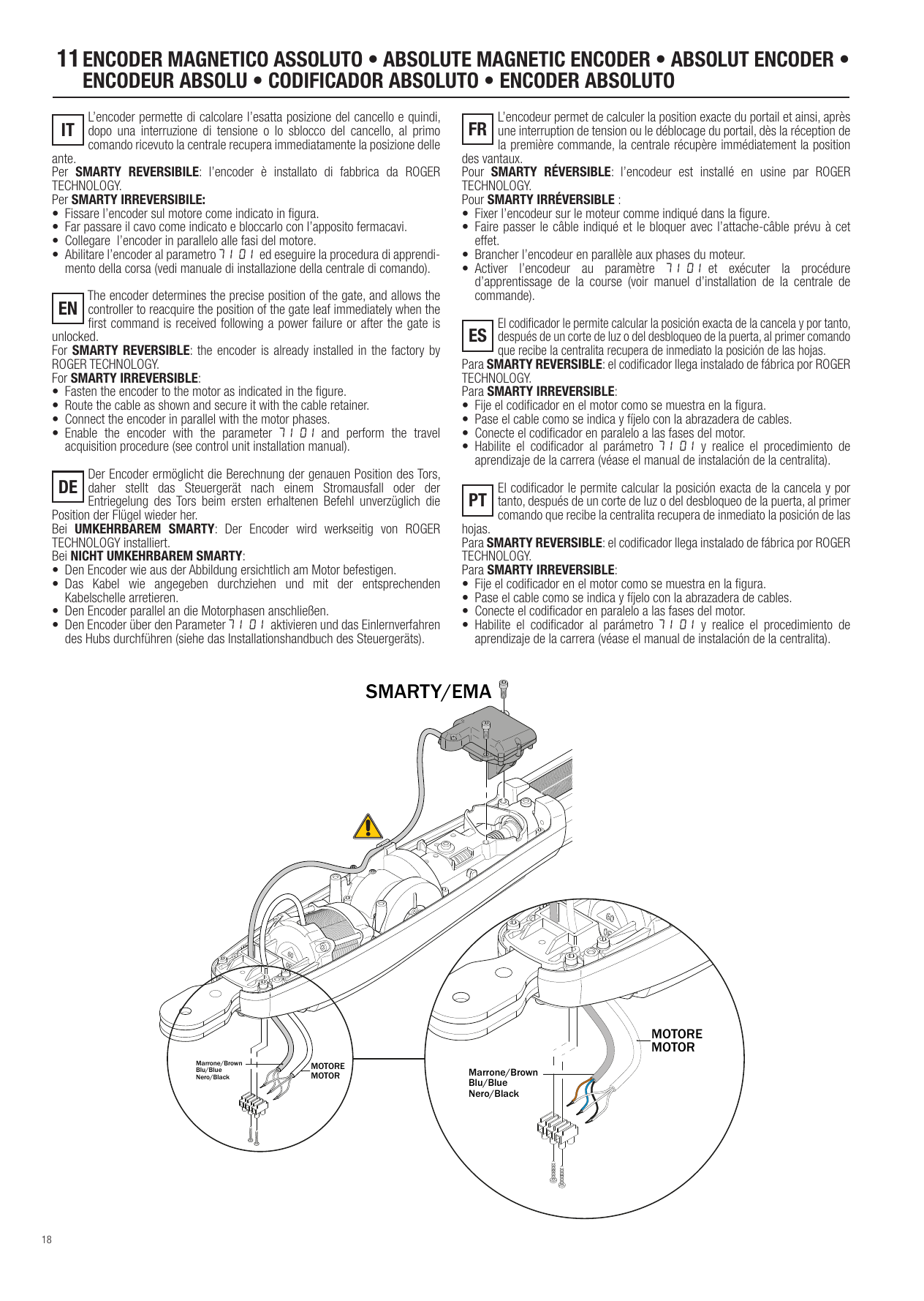 Fixation de l'encodeur SMARTY/EMA sur le moteur et raccordement parallèle aux phases (marron, bleu, noir)