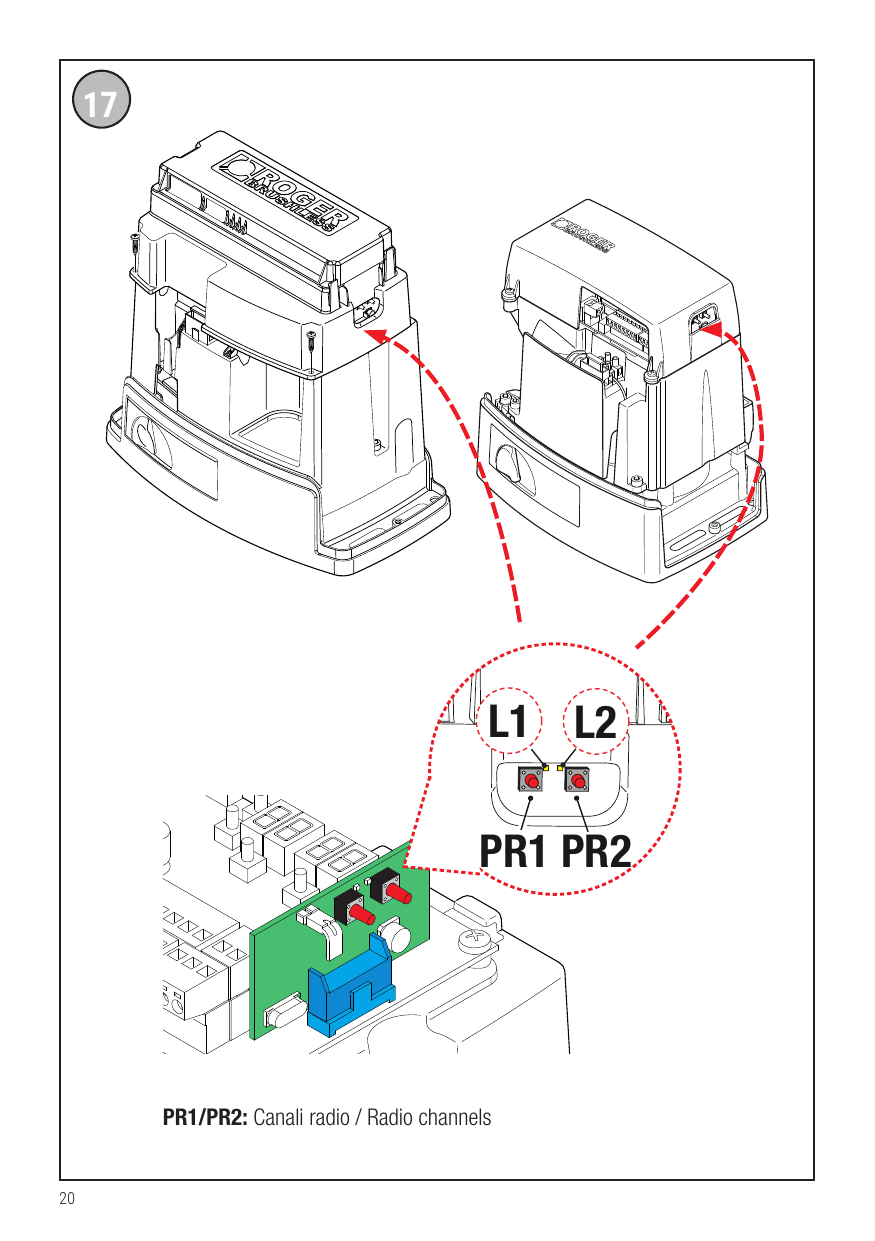 Emplacement de la carte radio et des canaux PR1 (L1) / PR2 (L2)