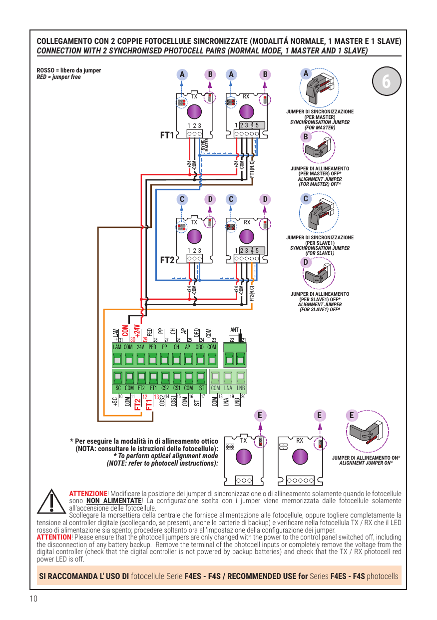 Raccordement avec 2 paires de photocellules synchronisées (mode normal, 1 MASTER et 1 SLAVE) — jumpers de synchronisation et d'alignement MASTER et SLAVE1.