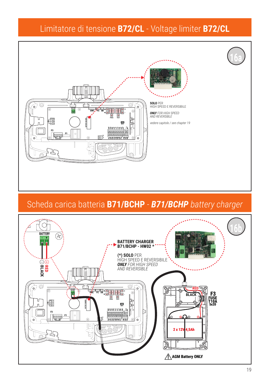 Limiteur de tension B72/CL (seulement pour High Speed et Réversible) et scheda carica batterie B71/BCHP - HW02 (batterie 2x12V 4,5Ah AGM uniquement, fusible F3 T10A 5x20).