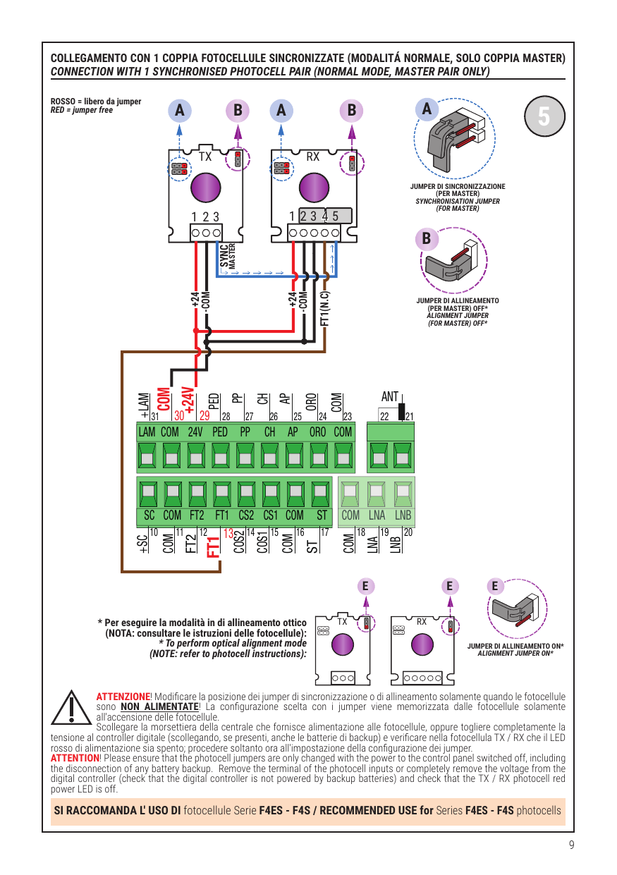Raccordement avec 1 paire de photocellules synchronisées (mode normal, paire MASTER uniquement) — recommandation d'utiliser des photocellules série F4ES / F4S, jumpers de synchronisation et d'alignement MASTER.