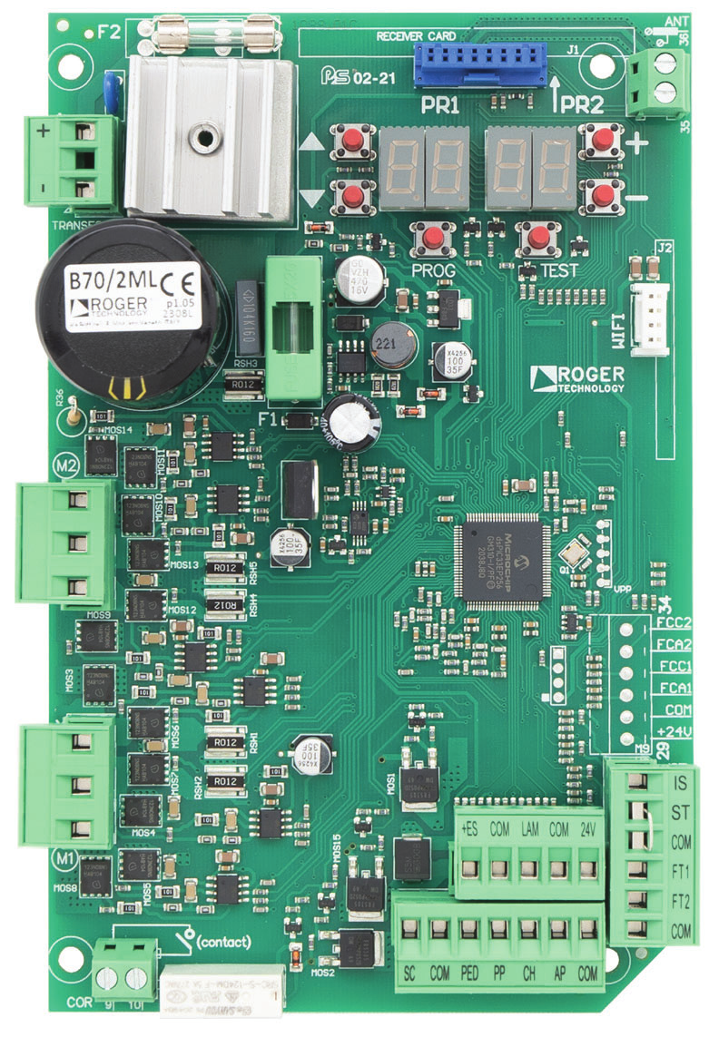 Carte électronique B70/2ML avec repérage des composants et borniers