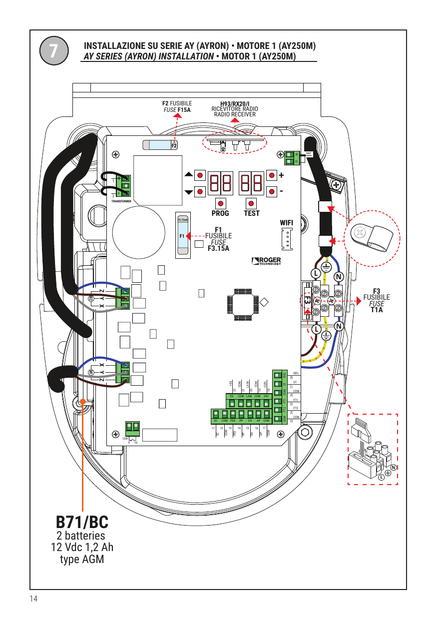 Schéma 7 — Installazione su serie AY (Ayron) • Motore 1 (AY250M) / AY series (Ayron) installation • Motor 1 (AY250M). F3 FUSIBILE T1A, B71/BC 2 batteries 12 Vdc 1,2 Ah type AGM.