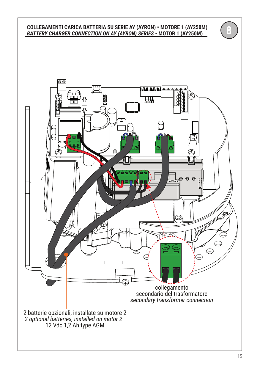 Schéma 8 — Collegamenti carica batteria su serie AY (Ayron) • Motore 1 (AY250M). 2 batteries opzionali, installate su motore 2, 12 Vdc 1,2 Ah type AGM — collegamento secondario del trasformatore / secondary transformer connection.