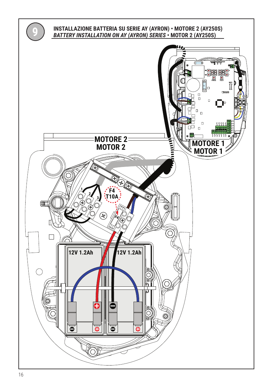 Schéma 9 — Installazione batteria su serie AY (Ayron) • Motore 2 (AY250S). F4 T10A, batterie 12V 1.2Ah, MOTORE 1, MOTORE 2.