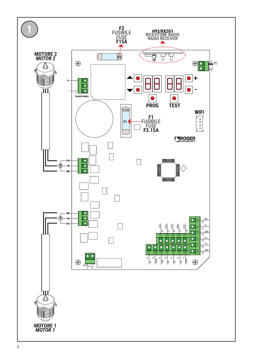 Schéma 1 — Implantation générale de la carte : MOTORE 2 / MOTOR 2, MOTORE 1 / MOTOR 1, F2 FUSIBILE F15A, H93/RX20/I RICEVITORE RADIO / RADIO RECEIVER, F1 FUSIBILE F3.15A, PROG, TEST, WIFI, ANT, COR, borniers 9-10, 11-28, 35-36.