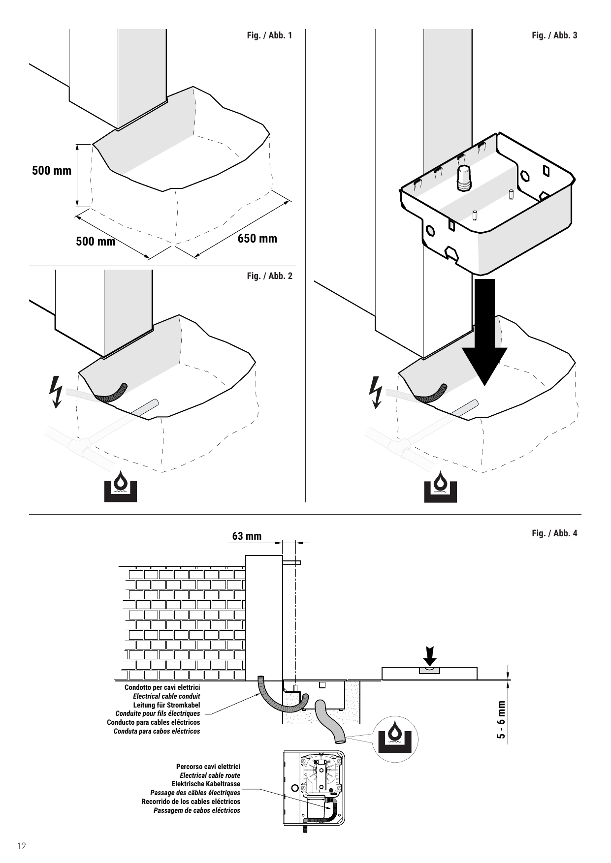 Fig. 1 à 4 : excavation (500 × 500 × 650 mm), passage des câbles électriques, mise en place et noyage de la caisse de fondation (débord 5-6 mm, axe à 63 mm).