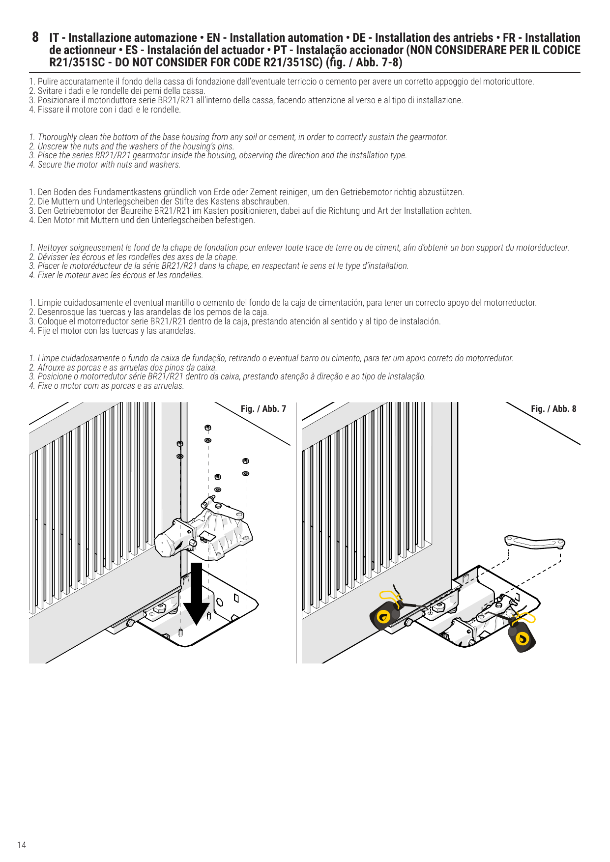 Fig. 7 et 8 : mise en place du motoréducteur dans la caisse de fondation et fixation par écrous et rondelles.