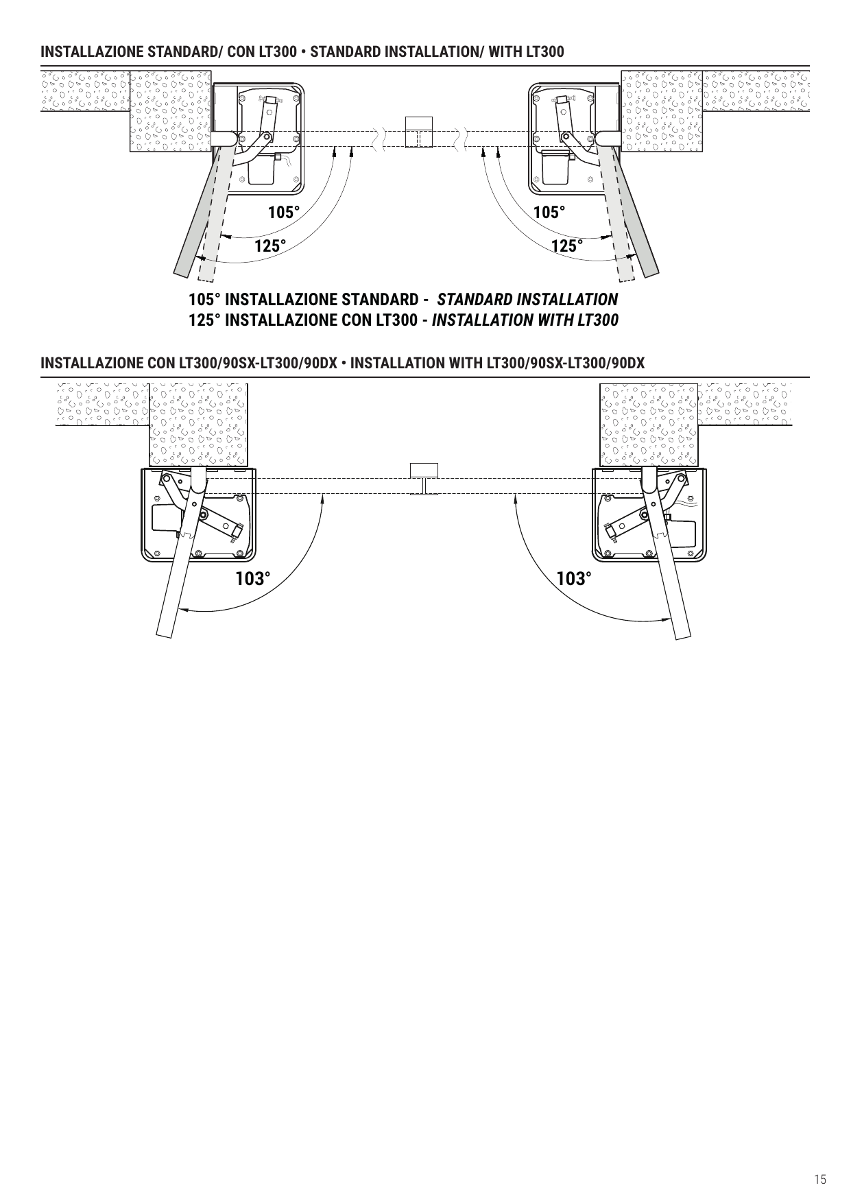 Angles d'ouverture : installation standard 105°, installation avec LT300 125°, installation avec LT300/90SX-LT300/90DX 103°.