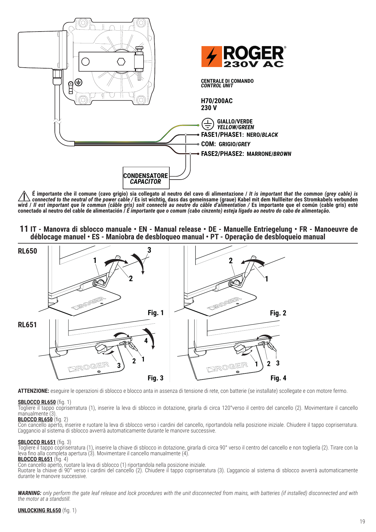 Schéma de raccordement du moteur R21 230V à la centrale H70/200AC avec condensateur (terre jaune/vert, phase 1 noir, commun gris, phase 2 marron).