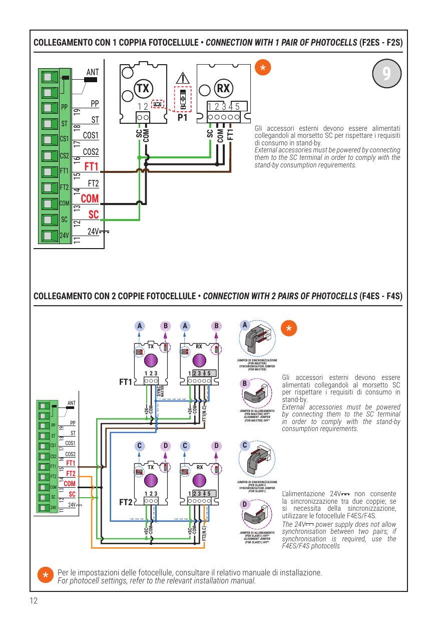 Connexion avec 1 paire de photocellules (F2ES-F2S) et 2 paires (F4ES-F4S)