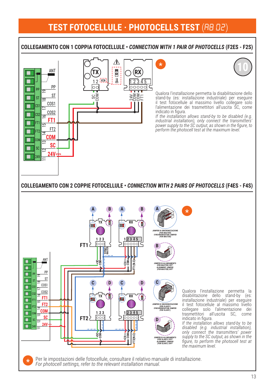 Test photocellules (A8 02) : connexion avec 1 et 2 paires de photocellules