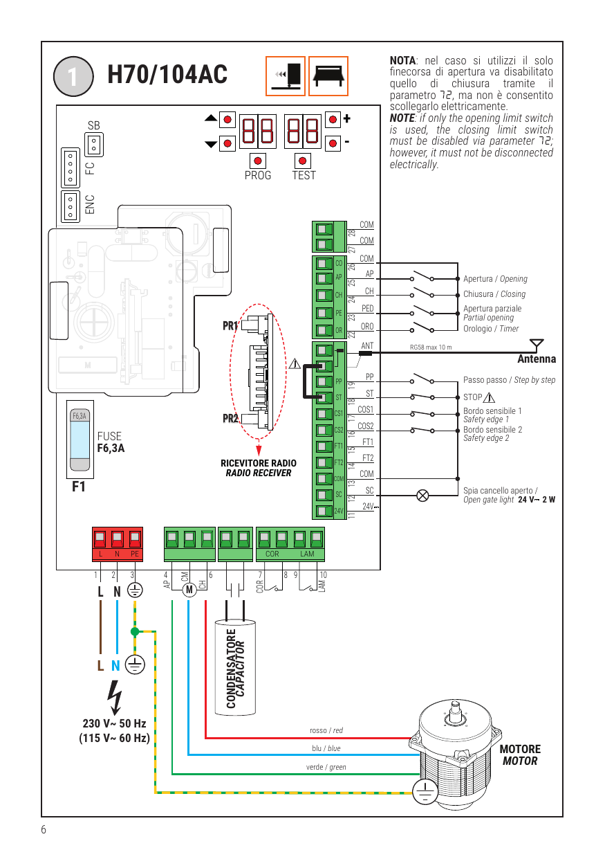 Schéma de branchement électrique complet H70/104AC (bornier, moteur, condensateur, récepteur radio, entrées)