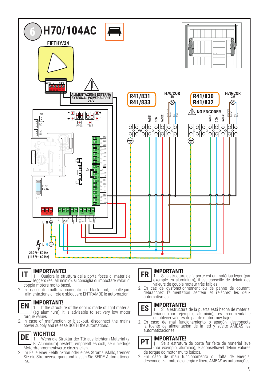Branchement H70/104AC avec alimentation externe 24 V (FIFTHY/24) et cordons sensibles R41/831-R41/833 / R41/830-R41/832 (H70/COR)